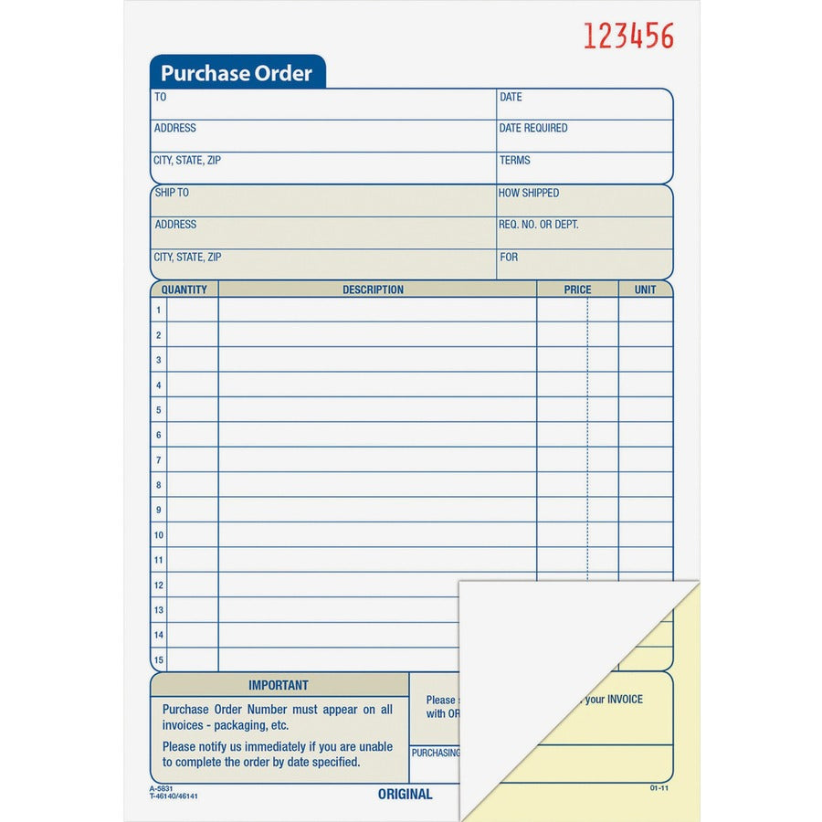 Adams Carbonless Purchase Order Statement - Tape Bound - 2 Part - Carbonless Copy - 5.56" x 8.43" Sheet Size - 2 x Holes - White, Canary - Assorted Sheet(s) - 1 Each