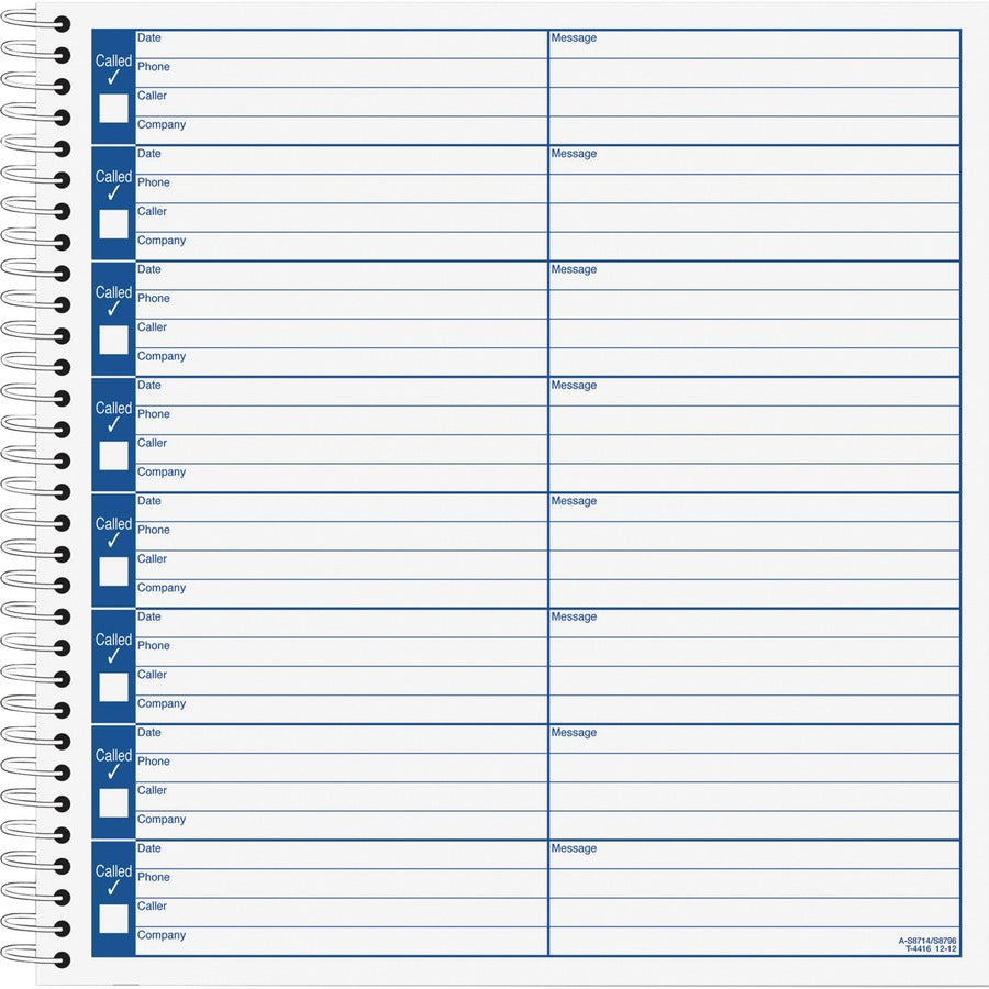 Adams Voice Mail Log Book - 60 Sheet(s) - Spiral Bound - 7.50" x 8.50" Sheet Size - Blue, White - 2 / Pack
