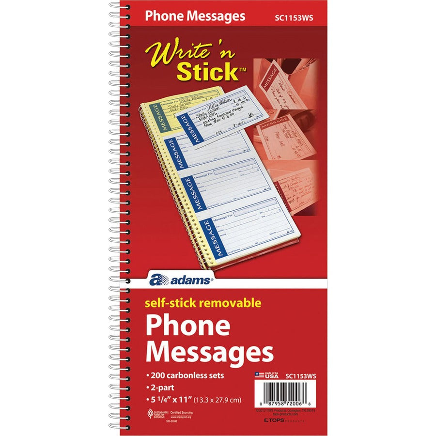 Adams Write 'n Stick Phone Message Book - 200 Sheet(s) - Spiral Bound - 2 Part - Carbonless Copy - 5.25" x 11" Sheet Size - Assorted Sheet(s) - 1 Each