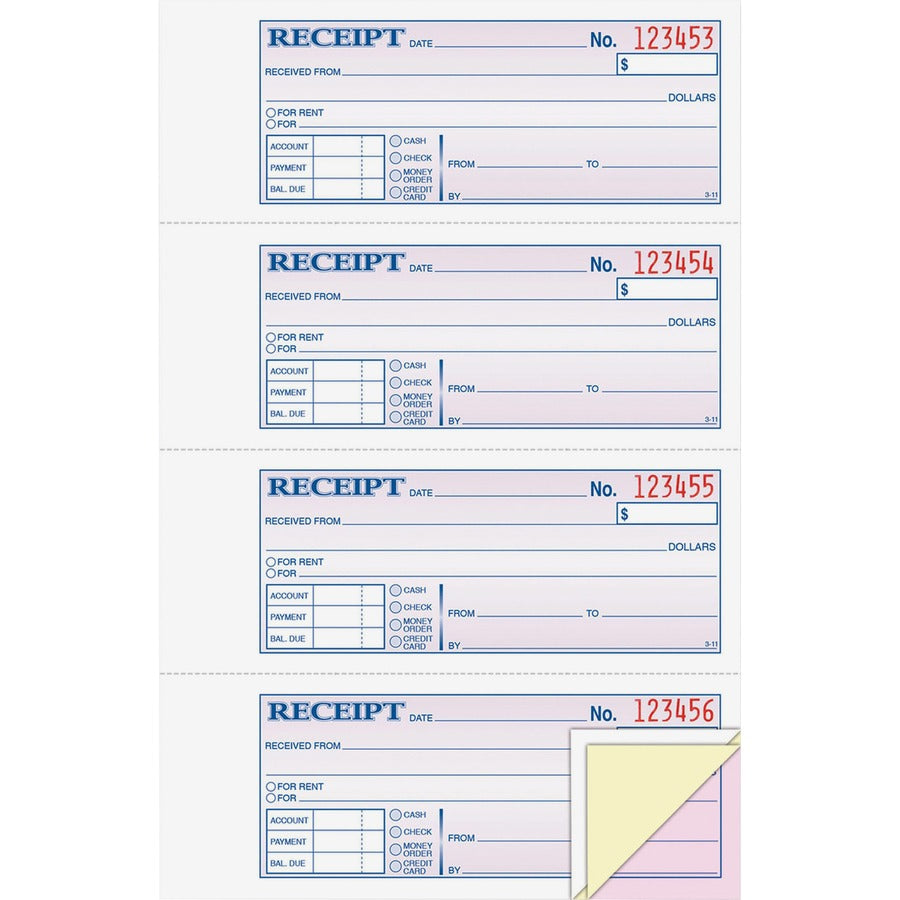 Adams Tapebound 3-part Money Receipt Book - 100 Sheet(s) - Tape Bound - 3 Part - Carbonless Copy - 2.75" x 7.62" Form Size - White, Canary, Pink - Assorted Sheet(s) - 1 Each