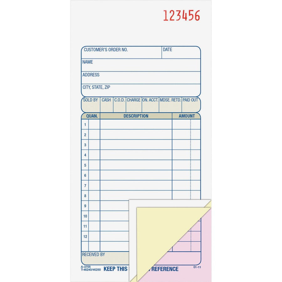 Adams Carbonless 3-part Sales Order Books - 50 Sheet(s) - 3 Part - Carbonless Copy - 3.34" x 7.18" Sheet Size - White - Assorted Sheet(s) - 1 Each