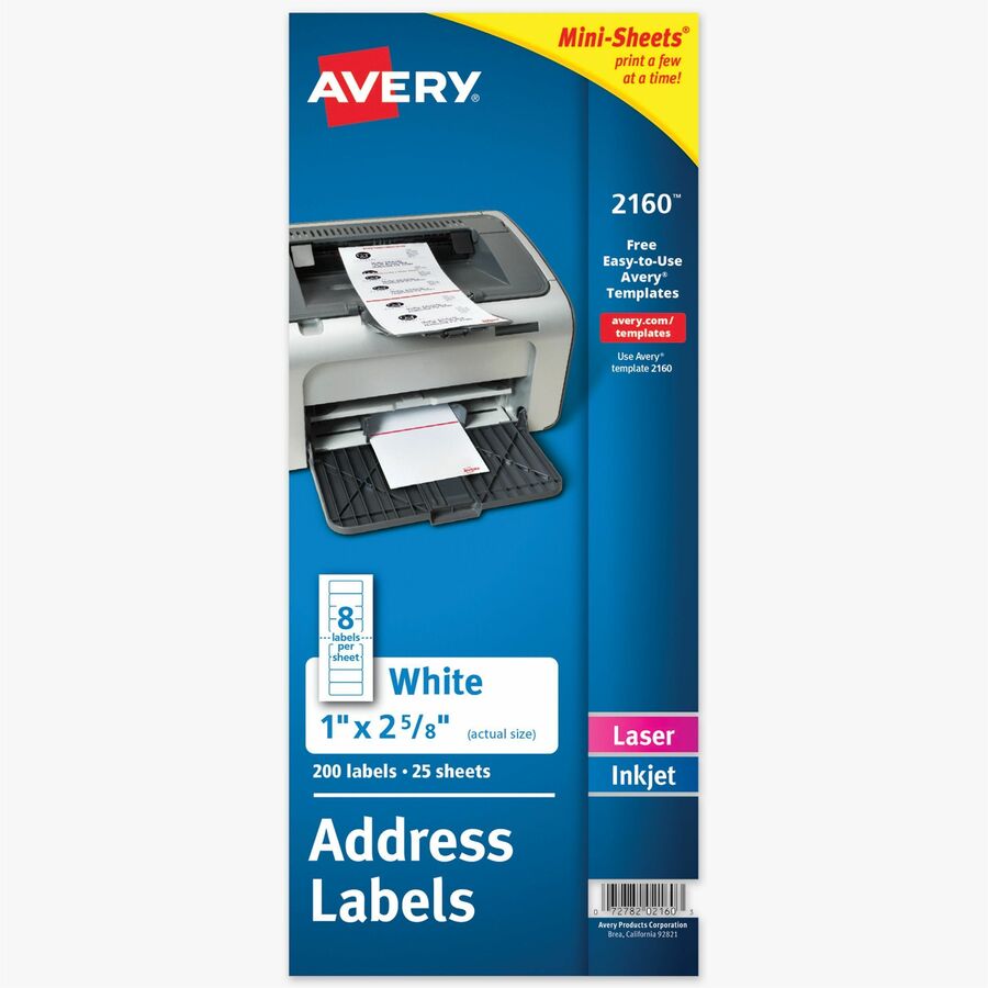 Avery Mini-Sheets(R) Address Labels, 1" x 2-5/8" , 200 Labels (2160) - x 1" Width x 2 5/8" Length - Full Sheet - Permanent Adhesive - Rectangle - Laser, Inkjet - Matte - White - Paper - 8 / Sheet - 25 Total Sheets - 200 Total Label(s) - For Label Print...