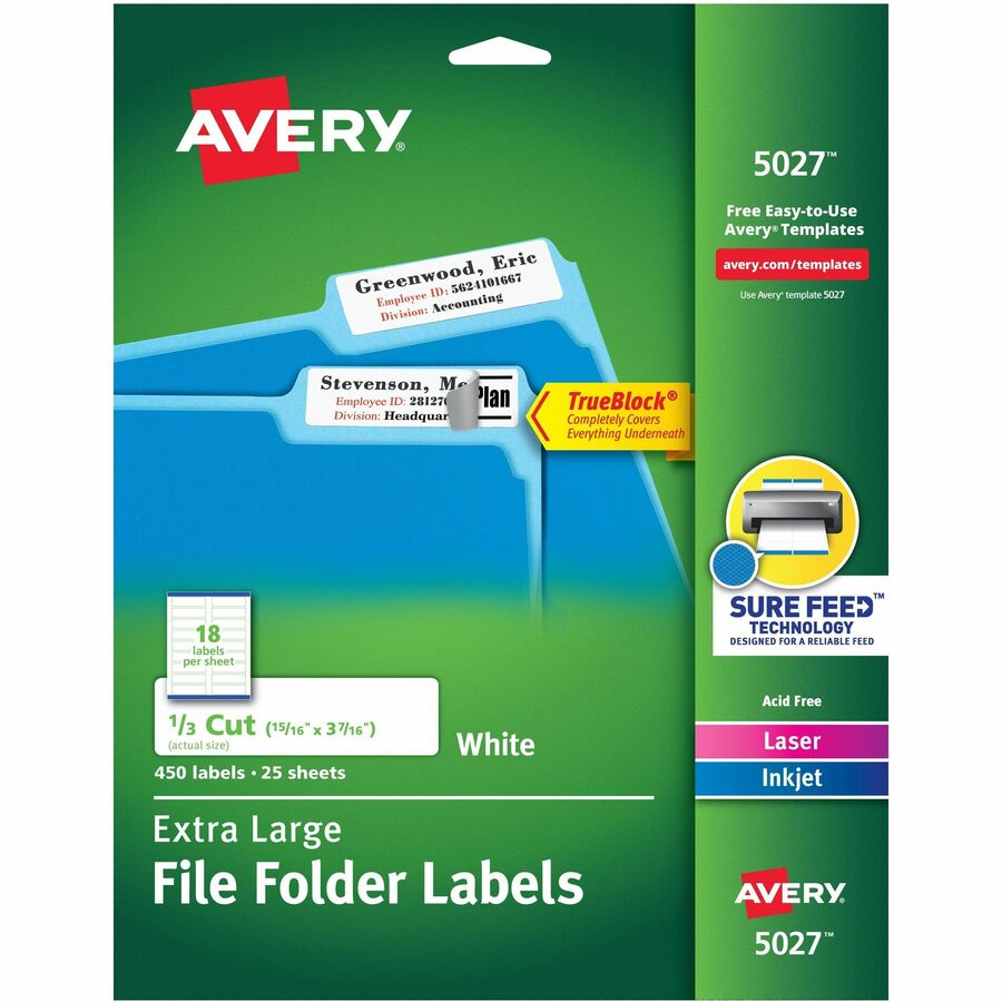 Avery®, Extra-Large File Folder Labels - 15/16" Width x 3 7/16" Length - Permanent Adhesive - Rectangle - Inkjet, Laser - Matte - White - Paper - 18 / Sheet - 25 Total Sheets - 450 Total Label(s) - 450 / Pack