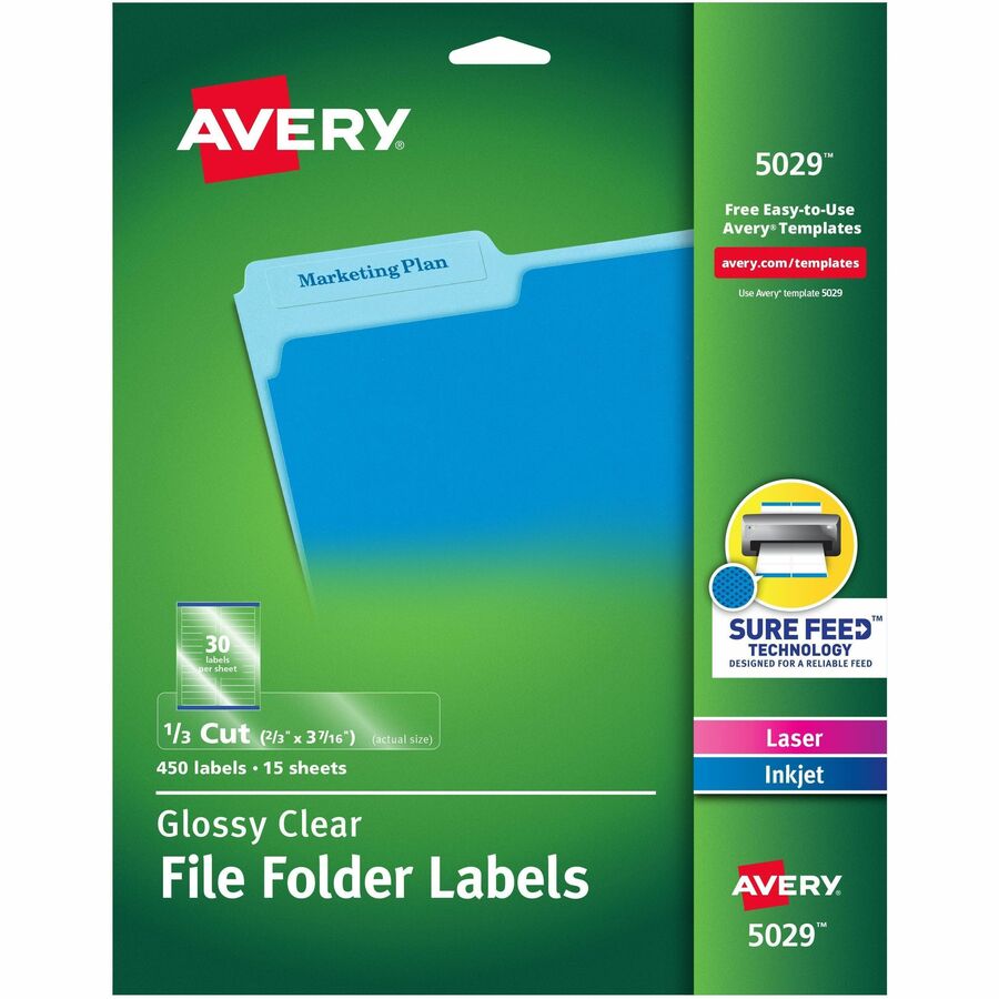 Avery®, Clear Top Tab Filing Labels - 2/3" Width x 3 7/16" Length - Permanent Adhesive - Rectangle - Inkjet, Laser - Glossy - Clear - Film - 30 / Sheet - 15 Total Sheets - 450 Total Label(s) - 450 / Pack