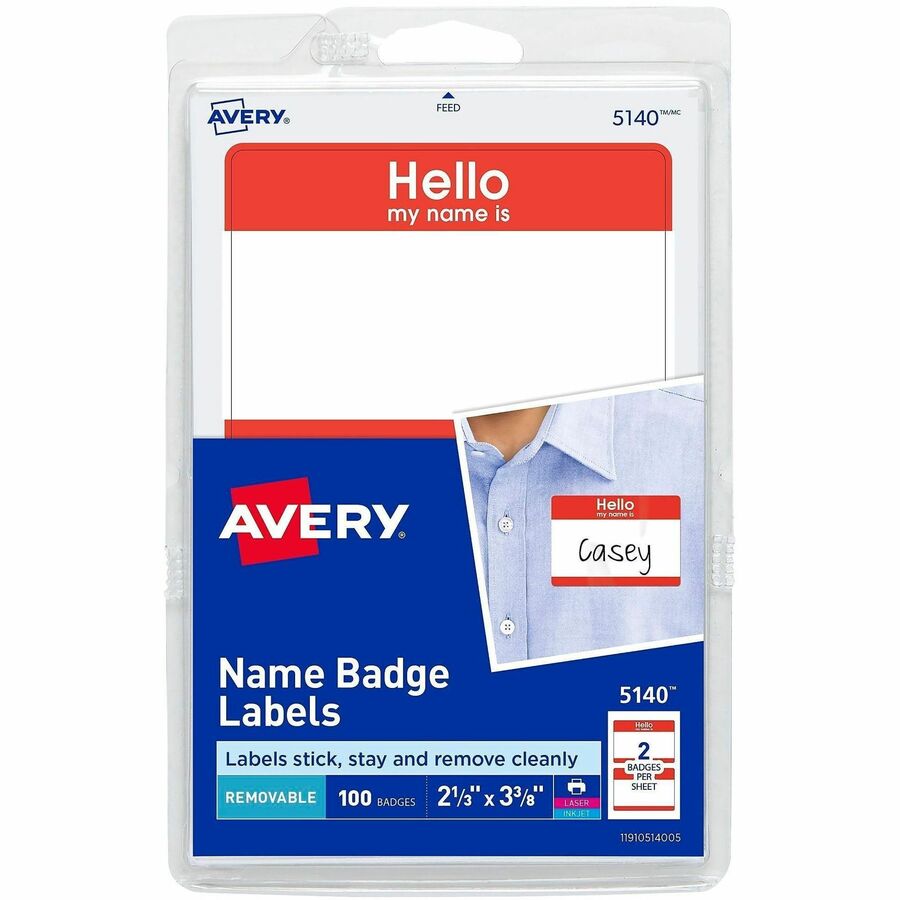 Avery®, Border Print/Write Hello Name Badges - Hello My Name Is - 2 21/64" Width x 3 3/8" Length - Removable Adhesive - Rectangle - Inkjet, Laser - Matte - White, Red - Paper - 2 / Sheet - 50 Total Sheets - 100 Total Label(s) - 100 / Pack