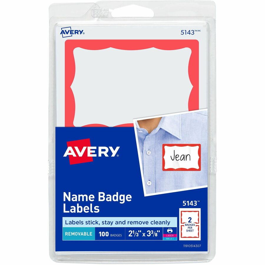 Avery®, Border Print or Write Name Tags - 2 21/64" Width x 3 3/8" Length - Removable Adhesive - Rectangle - Inkjet, Laser - Matte - White, Red - Red Border - Paper - 2 / Sheet - 50 Total Sheets - 100 Total Label(s) - 100 / Pack