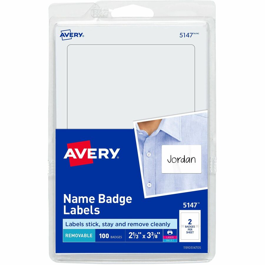 Avery®, Print or Write Name Badge Labels - 2 21/64" Height x 2 21/64" Width x 3 3/8" Length - Removable Adhesive - Rectangle - Inkjet, Laser - Matte - White - Paper - 2 / Sheet - 50 Total Sheets - 100 Total Label(s) - 100 / Pack