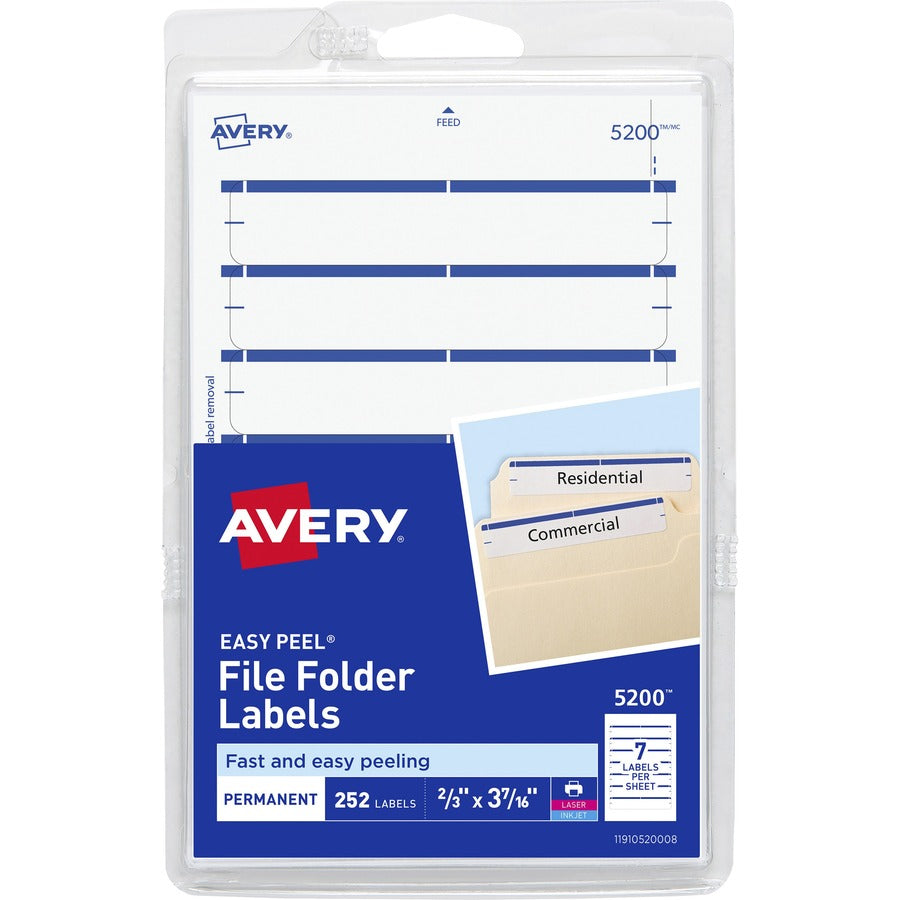 Avery®, Permanent File Folder Labels - 11/16" Width x 3 7/16" Length - Permanent Adhesive - Rectangle - Laser, Inkjet - Dark Blue - 7 / Sheet - 252 / Pack