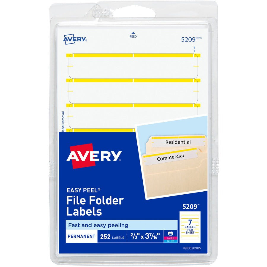 Avery®, Permanent File Folder Labels - 11/16" Width x 3 7/16" Length - Permanent Adhesive - Rectangle - Laser, Inkjet - Yellow - 7 / Sheet - 252 / Pack