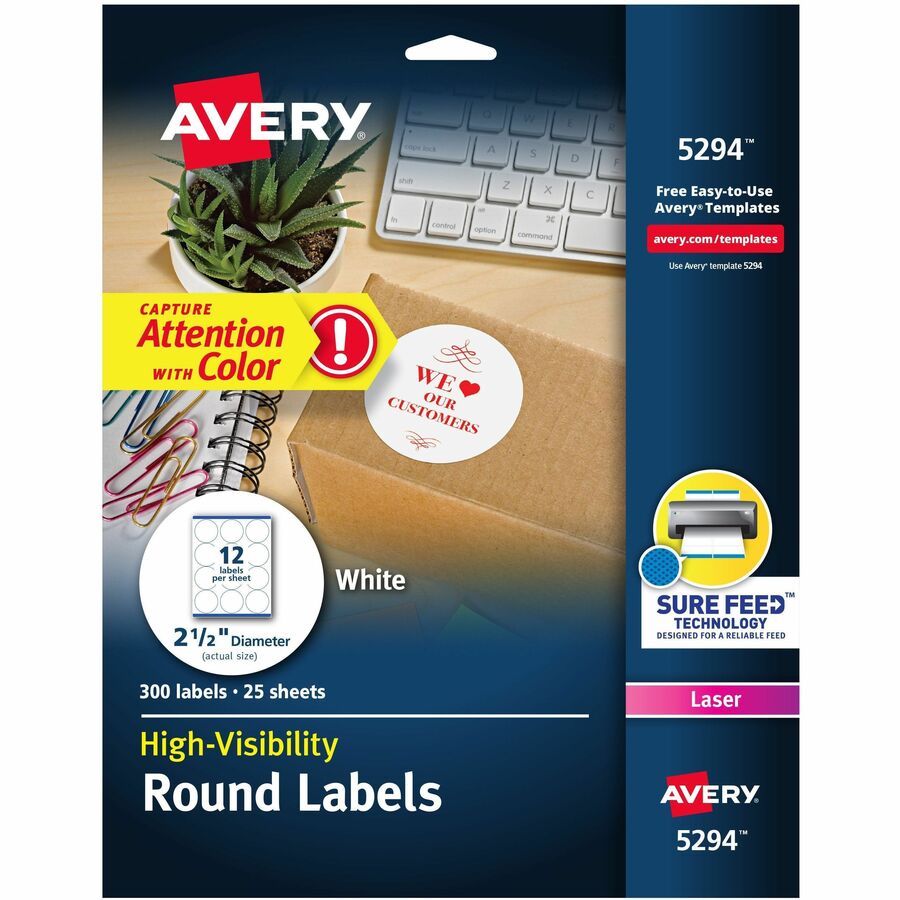 Avery®, Round High Visibility Labels - 2 1/2" Diameter - Permanent Adhesive - Round - Laser, Inkjet - Matte - White - Paper - 12 / Sheet - 25 Total Sheets - 300 Total Label(s) - 300 / Pack