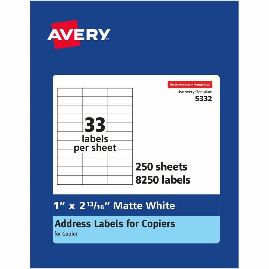 Avery®, Copier Address Labels - 1" Width x 2 3/16" Length - Permanent Adhesive - Rectangle - White - Paper - 33 / Sheet - 250 Total Sheets - 8250 Total Label(s) - 8250 / Box