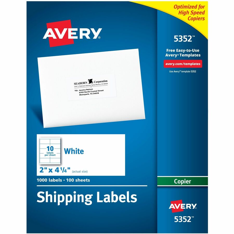 Avery®, Shipping Label - 2" Width x 4 1/4" Length - Permanent Adhesive - Rectangle - Matte - White - Paper - 10 / Sheet - 100 Total Sheets - 1000 Total Label(s) - 1000 / Box