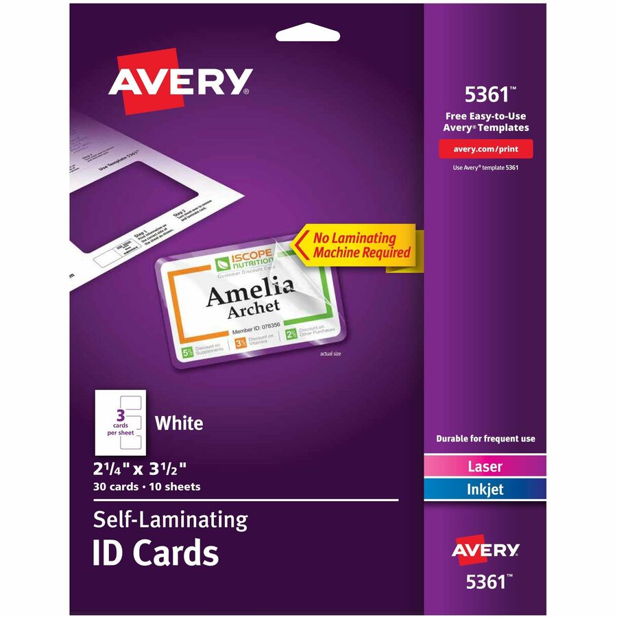 Avery®, Self-laminating ID Cards - 2" Width x 3.3" Height - Self Sticking - Laminated, Perforated, Printable, Durable, Perforated, Self-adhesive - Card, Tile - Card Stock - White - 30 / Box