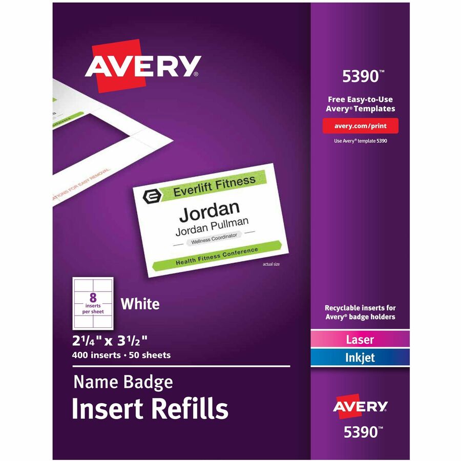 Avery®, Laser/Inkjet Badge Insert Refills - x 2 1/4" Width x 3 1/2" Length - Insert - Inkjet, Laser - White - Card Stock - 8 / Sheet - 50 Total Sheets - 400 Total Label(s) - 400 / Box