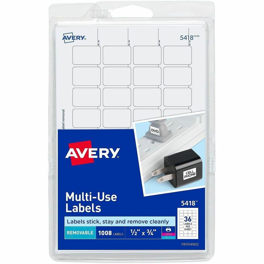 Avery®, Removable ID Labels - 1/2" Width x 3/4" Length - Removable Adhesive - Rectangle - Laser, Inkjet - White - 1008 / Pack