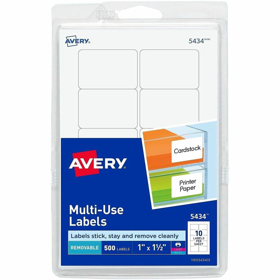 Avery®, Removable ID Labels - 1 1/2" Width x 1" Length - Removable Adhesive - Rectangle - Laser, Inkjet - White - 500 / Pack