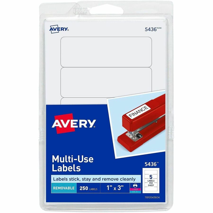 Avery®, Removable ID Labels - 3" Width x 1" Length - Removable Adhesive - Rectangle - Laser, Inkjet - White - 250 / Pack