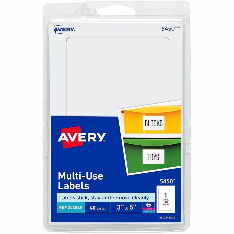 Avery®, Removable ID Labels - 5" Width x 3" Length - Removable Adhesive - Rectangle - Laser, Inkjet - White - 40 / Pack