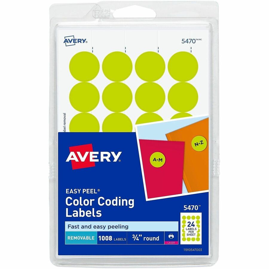 Avery®, Color-Coding Labels - 3/4" Diameter - Removable Adhesive - Round - Laser - Neon Yellow - 24 / Sheet - 1008 / Pack
