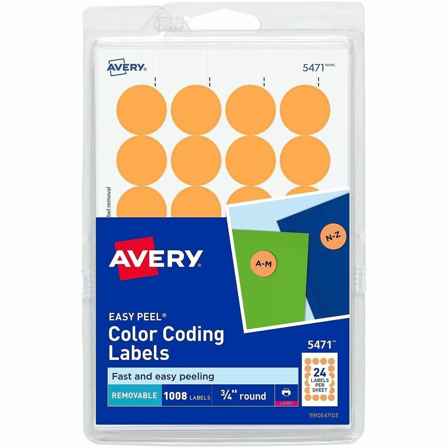 Avery®, Color-Coding Labels - 3/4" Diameter - Removable Adhesive - Round - Laser - Orange - 24 / Sheet - 1008 / Pack