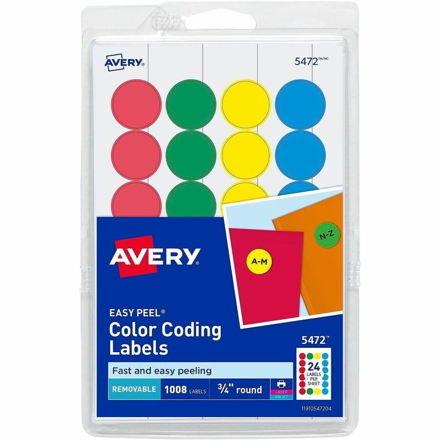 Avery®, Removable Print or Write Color Coding Labels - 3/4" Diameter - Removable Adhesive - Round - Inkjet, Laser - Matte - Blue, Green, Red, Yellow - Paper - 24 / Sheet - 42 Total Sheets - 1008 Total Label(s) - 1008 / Pack