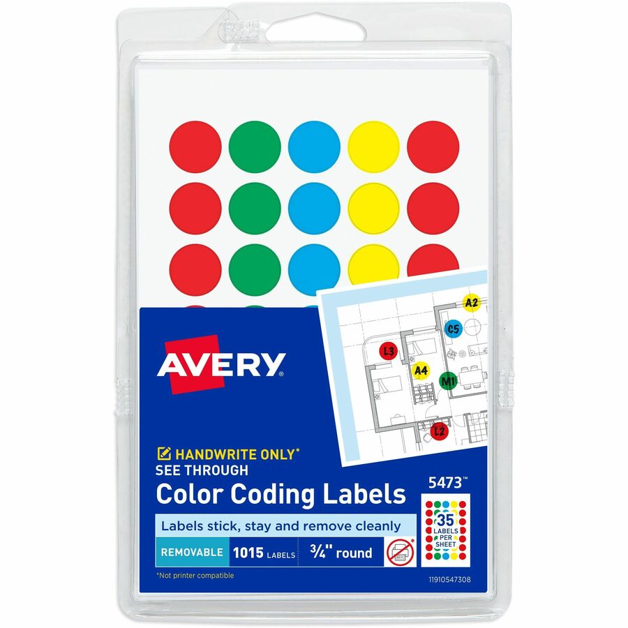 Avery®, Color Coded Label - 3/4" Diameter - Removable Adhesive - Round - Green, Light Blue, Red, Yellow - Film - 35 / Sheet - 29 Total Sheets - 1015 Total Label(s) - 1000 / Pack
