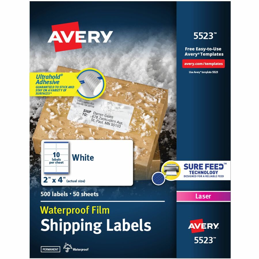 Avery®, Waterproof Labels, 2" x 4" , 500 Total (05523) - Waterproof - x 2" Width x 4" Length - Permanent Adhesive - Rectangle - Laser - Matte - White - Film - 10 / Sheet - 50 Total Sheets - 500 Total Label(s) - For Label Printer - 500 / Pack