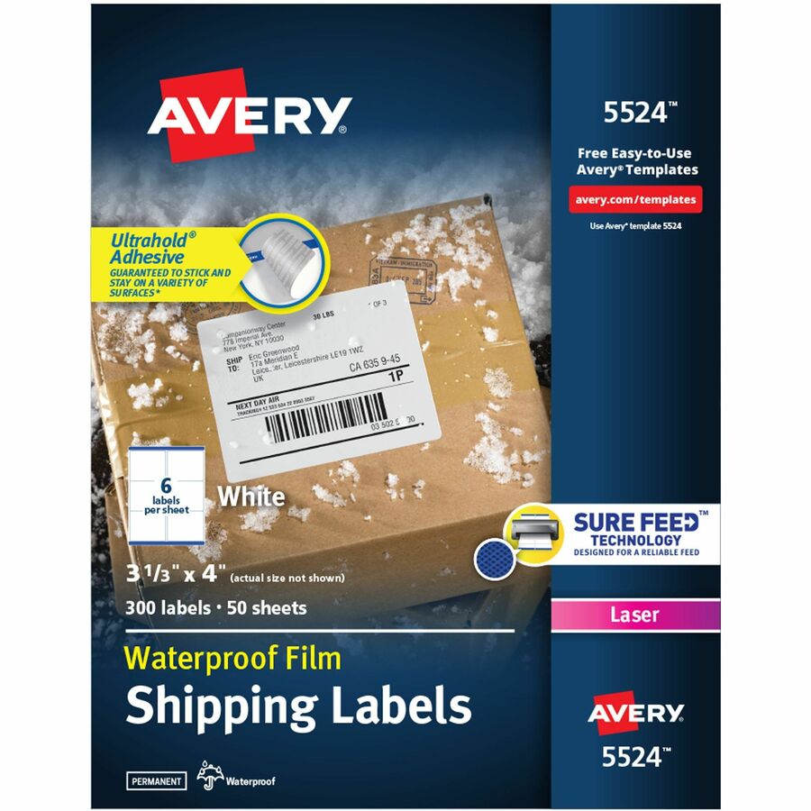 Avery Waterproof Labels, 3-1/3" x 4" , 300 Total (05524) - Waterproof - x 3 21/64" Width x 4" Length - Full Sheet - Permanent Adhesive - Rectangle - Laser - Matte - White - Film - 6 / Sheet - 50 Total Sheets - 300 Total Label(s) - For Label Printer - 3...