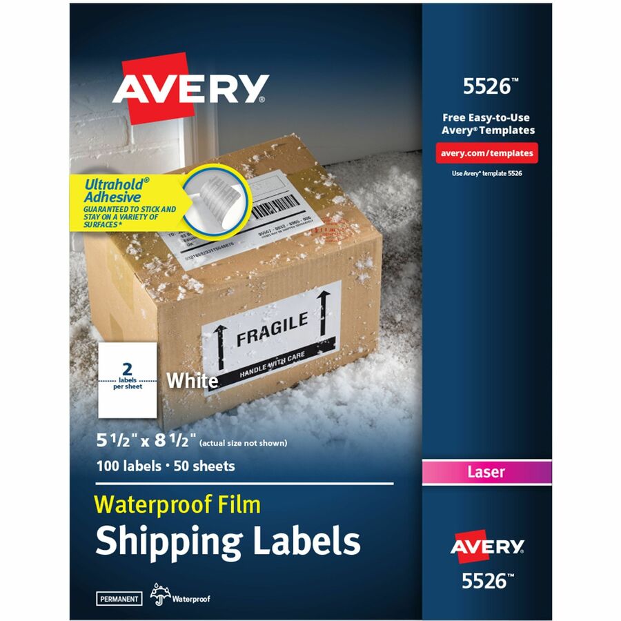 Avery®, 5-1/2" x 8-1/2" Labels, Ultrahold, 100 Labels (5526) - Waterproof - x 5 1/2" Width x 8 1/2" Length - Permanent Adhesive - Rectangle - Laser - Matte - White - Film - 2 / Sheet - 50 Total Sheets - 100 Total Label(s) - For Label Printer - 100 /...
