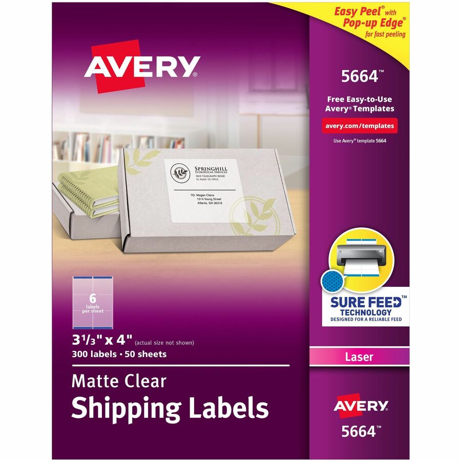 Avery®, Avery®, Clear Shipping Labels, Sure Feed, 3-1/3" x 4" 300 Labels (15664) - 3 21/64" Width x 4" Length - Permanent Adhesive - Rectangle - Laser - Matte - Clear - Film - 6 / Sheet - 50 Total Sheets - 300 Total Label(s) - 300 / Box