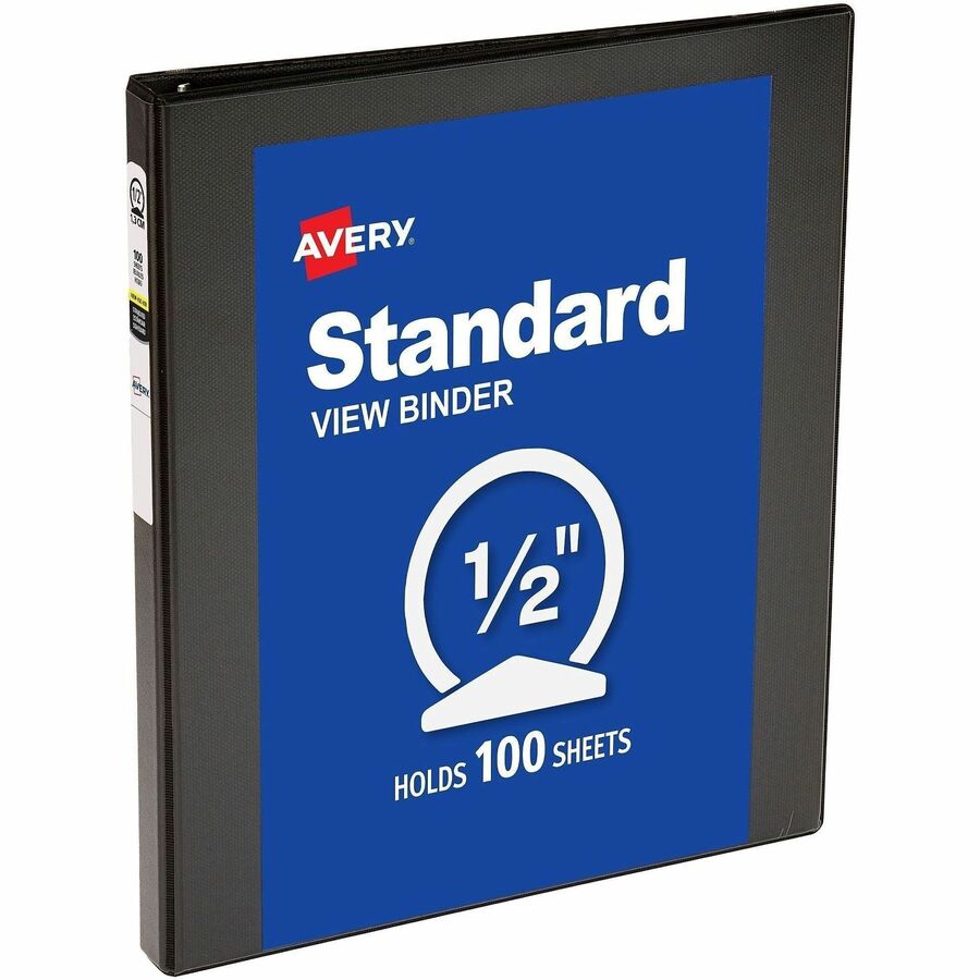 Avery®, Economy View Binder - 1/2" Binder Capacity - Letter - 8 1/2" x 11" Sheet Size - 100 Sheet Capacity - 3 Ring - Fastener: Round Ring - Pocket: 2, Internal - Vinyl, Chipboard - Black - 1 lb - Gap-free Ring, Exposed Rivet, Non Locking Mechanism...