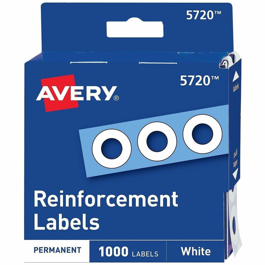 Avery®, White Self-Adhesive Reinforcement Labels - 0.3" Diameter - 3 x Holes - Round - White - Polyvinyl - 1000 / Pack