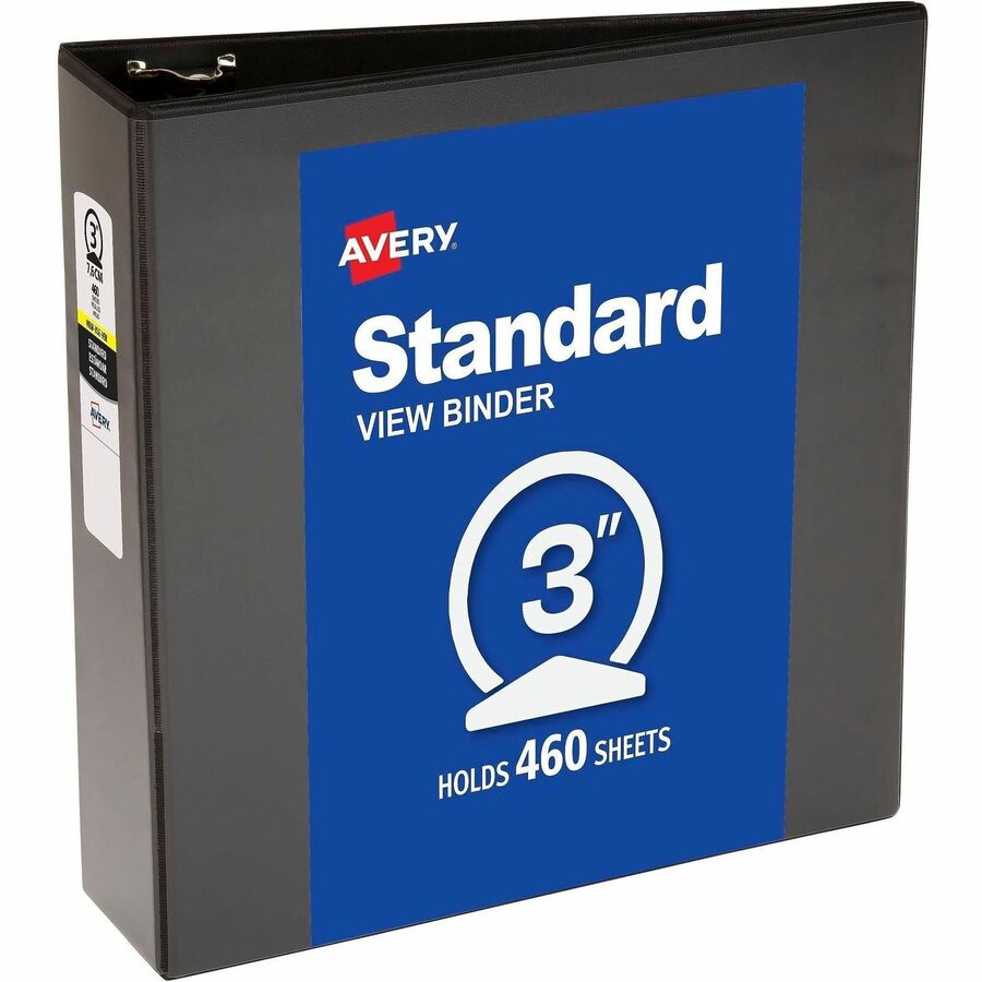 Avery®, Economy View Binder - 3" Binder Capacity - Letter - 8 1/2" x 11" Sheet Size - 460 Sheet Capacity - 3 Ring - Fastener: Round Ring - Pocket: 2, Internal - Vinyl - Black - 1.79 lb - Gap-free Ring, Rivet, Clear Overlay, Non Locking Mechanism - 1...