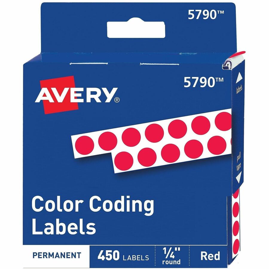 Avery®, 1/4" Color-Coding Labels - 1/4" Diameter - Permanent Adhesive - Round - Red - 450 / Pack