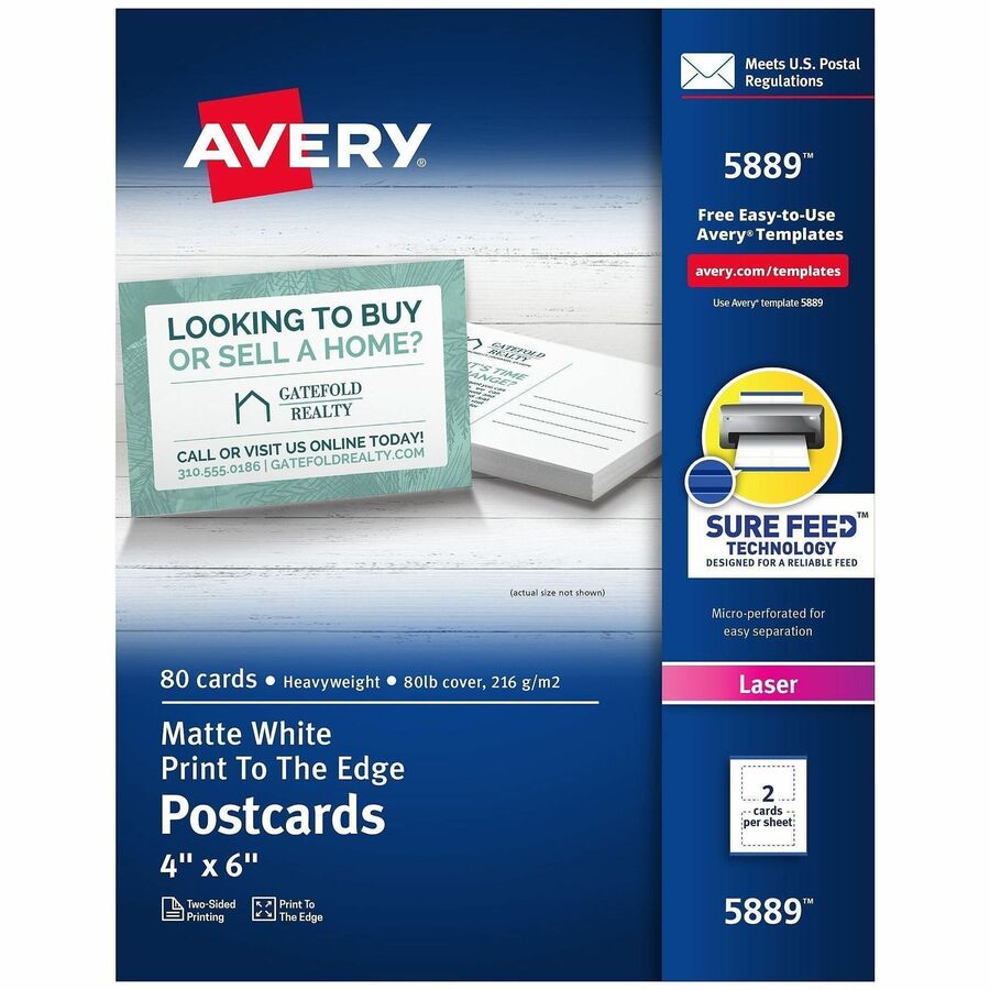 Avery®, Sure Feed Postcards - 97 Brightness - 6" x 4" - 80 lb Basis Weight - 216 g/m², Grammage - Matte - Perforated, Heavyweight, Rounded Corner, Uncoated, Recyclable, Biodegradable, Print-to-the-edge, Sturdy - White - 80 / Box