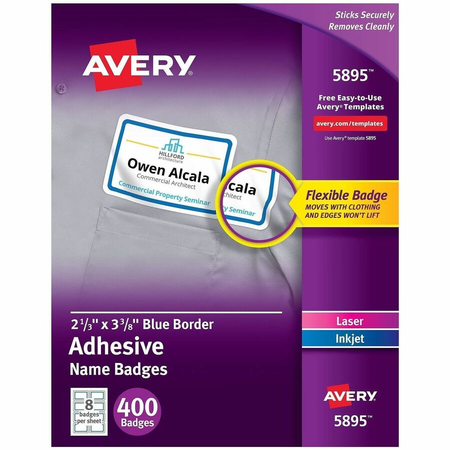 Avery®, Adhesive Name Badges - 2 21/64" Width x 3 3/8" Length - Removable Adhesive - Rectangle - Inkjet, Laser - Matte - White, Blue - Blue Border - Film - 8 / Sheet - 50 Total Sheets - 400 Total Label(s) - 400 / Box