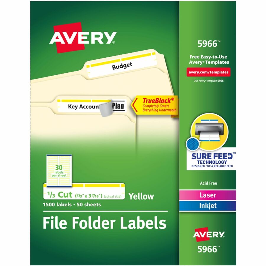 Avery®, TrueBlock File Folder Labels - 2/3" Width x 3 7/16" Length - Permanent Adhesive - Rectangle - Inkjet, Laser - Matte - Yellow - Paper - 30 / Sheet - 50 Total Sheets - 1500 Total Label(s) - 1500 / Box