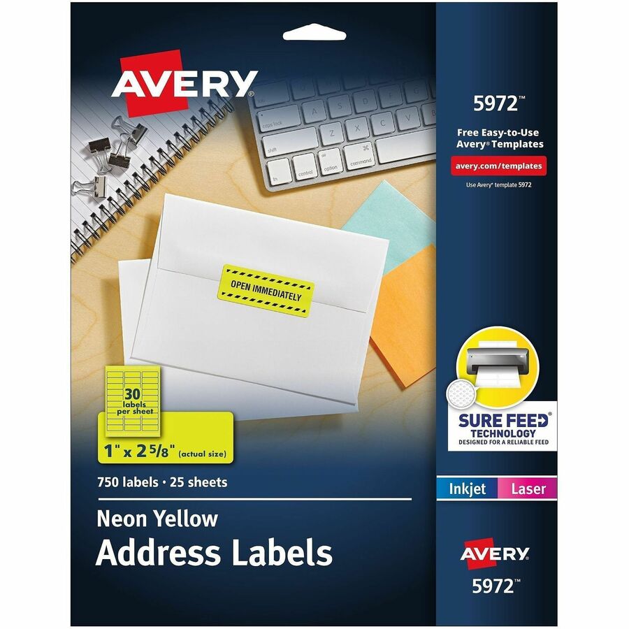 Avery®, Address Label - x 1" Width x 2 5/8" Length - Permanent Adhesive - Rectangle - Laser, Inkjet - Matte - Neon Yellow - Paper - 30 / Sheet - 25 Total Sheets - 750 Total Label(s) - For Label Printer - 750 / Pack
