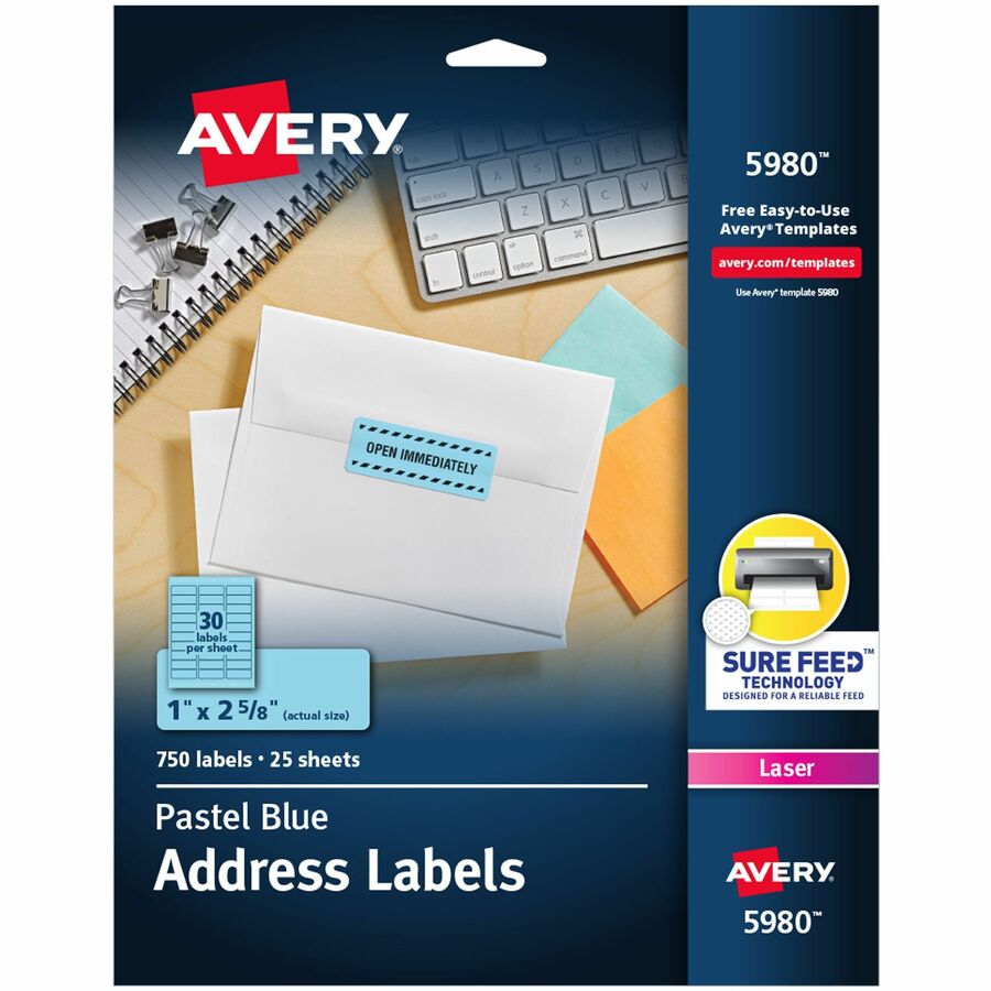 Avery®, Shipping Labels - 1" Width x 2 5/8" Length - Permanent Adhesive - Rectangle - Laser, Inkjet - Matte - Pastel Blue - Paper - 30 / Sheet - 25 Total Sheets - 750 Total Label(s) - 750 / Pack