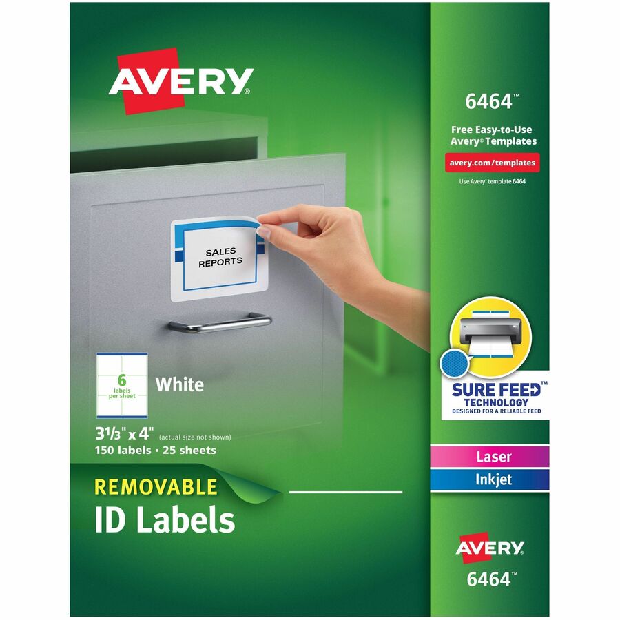 Avery®, Removable I.D. Labels - 3 21/64" Width x 4" Length - Removable Adhesive - Rectangle - Inkjet, Laser - White - Paper - 6 / Sheet - 25 Total Sheets - 150 Total Label(s) - 150 / Pack