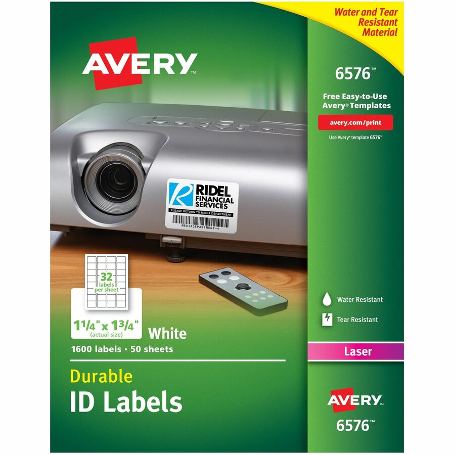 Avery®, TrueBlock ID Label - Waterproof - 1 1/4" Width x 1 3/4" Length - Permanent Adhesive - Rectangle - Laser - Matte - White - Film - Water Resistant - 32 / Sheet - 50 Total Sheets - 1600 Total Label(s) - 1600 / Pack