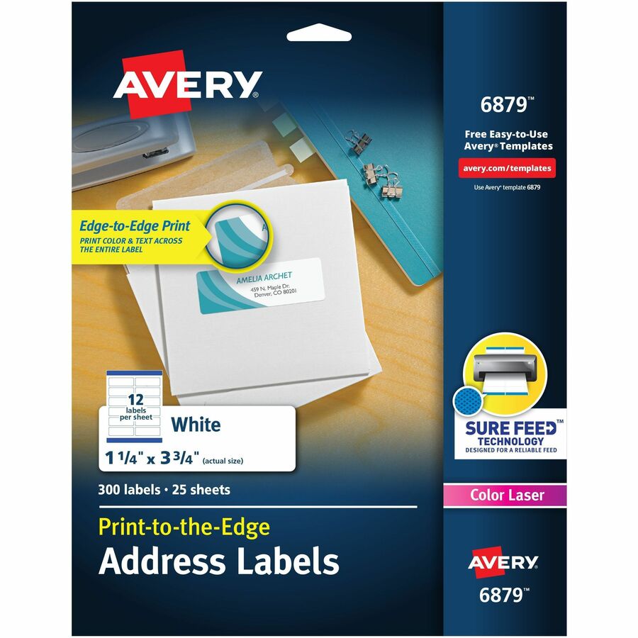 Avery®, Print to the Edge Shipping Label 1-1/4"x3-3/4" 300 Labels (6879) - 1 1/4" Width x 3 3/4" Length - Permanent Adhesive - Rectangle - Laser, Inkjet - Matte - White - Paper - 12 / Sheet - 25 Total Sheets - 300 Total Label(s) - 300 / Pack