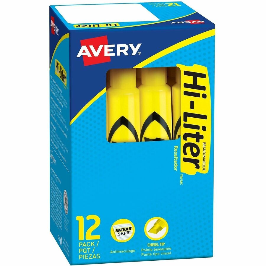 Avery®, Desk Style Highlighters - Yellow Ink - Yellow Barrel - 12 / Dozen