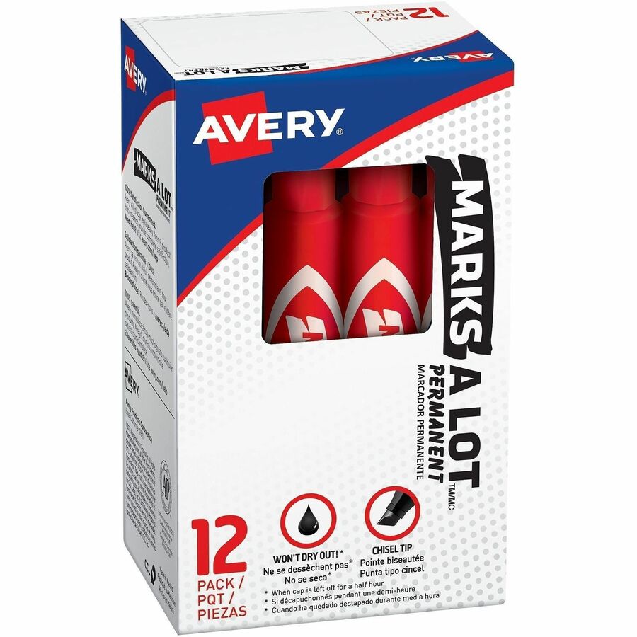 Avery®, Marks A Lot Permanent Markers - Red Ink - Red Plastic Barrel - 12 / Dozen
