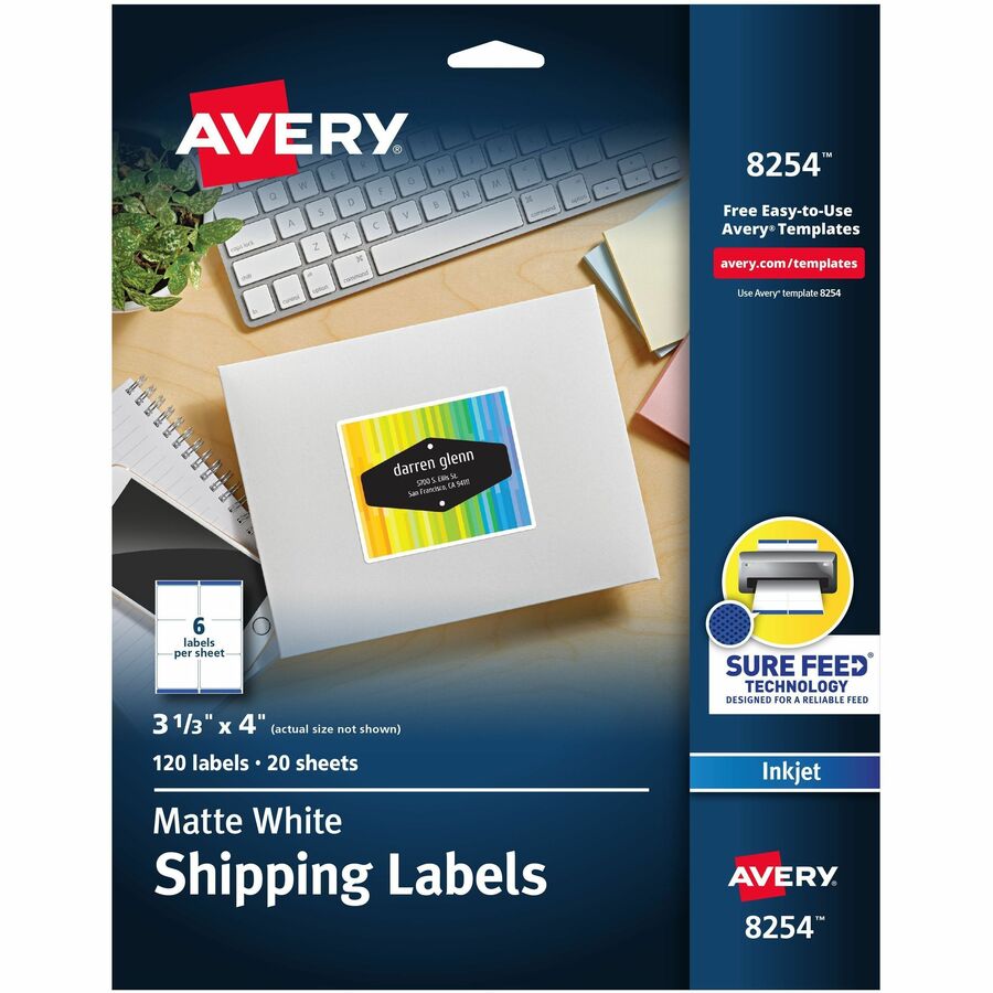 Avery®, Sure Feed®, White Shipping Labels - 3 21/64" Width x 4" Length - Permanent Adhesive - Rectangle - Inkjet - Matte - White - Paper - 6 / Sheet - 20 Total Sheets - 120 Total Label(s) - 120 / Pack