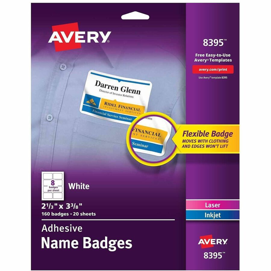 Avery®, Adhesive Name Badges - 2 21/64" Width x 3 3/8" Length - Removable Adhesive - Rectangle - Inkjet, Laser - Matte - White - Film - 8 / Sheet - 20 Total Sheets - 160 Total Label(s) - 160 / Pack