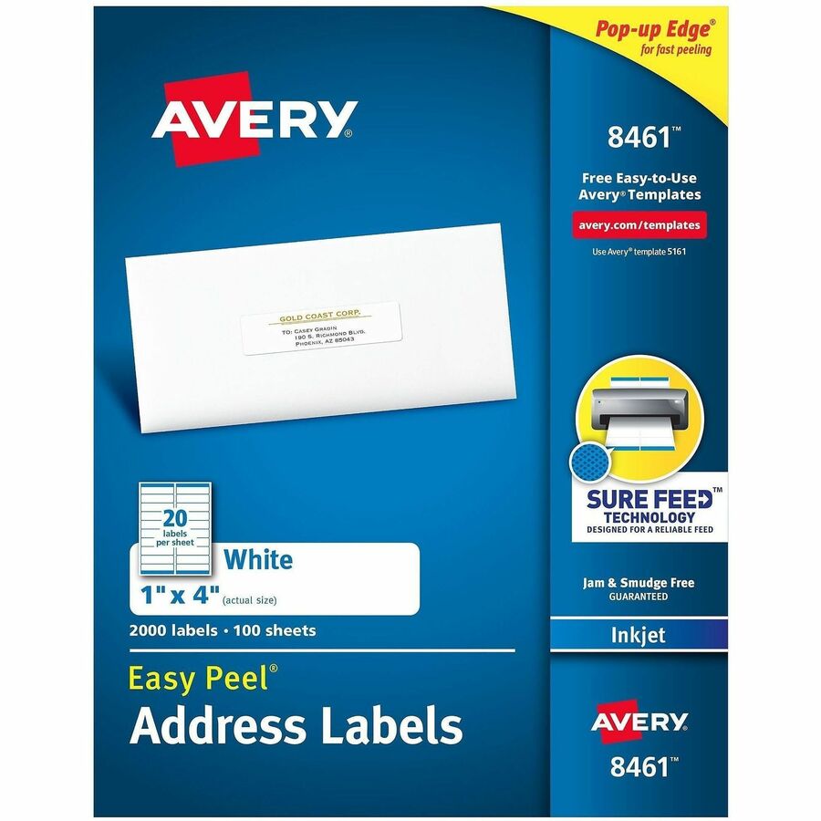 Avery®, Easy Peel Address Labels, 1" x 4" , 2,000 White Labels (8461) - x 1" Width x 4" Length - Permanent Adhesive - Rectangle - Inkjet - Matte - White - Paper - 20 / Sheet - 100 Total Sheets - 2000 Total Label(s) - For Label Printer - 2000 / Box