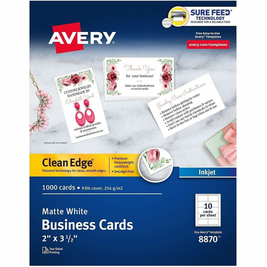 Avery®, Clean Edge Business Cards - 110 Brightness - 2" x 3 1/2" - 93 lb Basis Weight - 254 g/m², Grammage - Matte - Heavyweight, Rounded Corner, Smooth Edge, Jam-free, Smudge-free, Avery Clean Edge Technology, Double-sided, Printable - White...