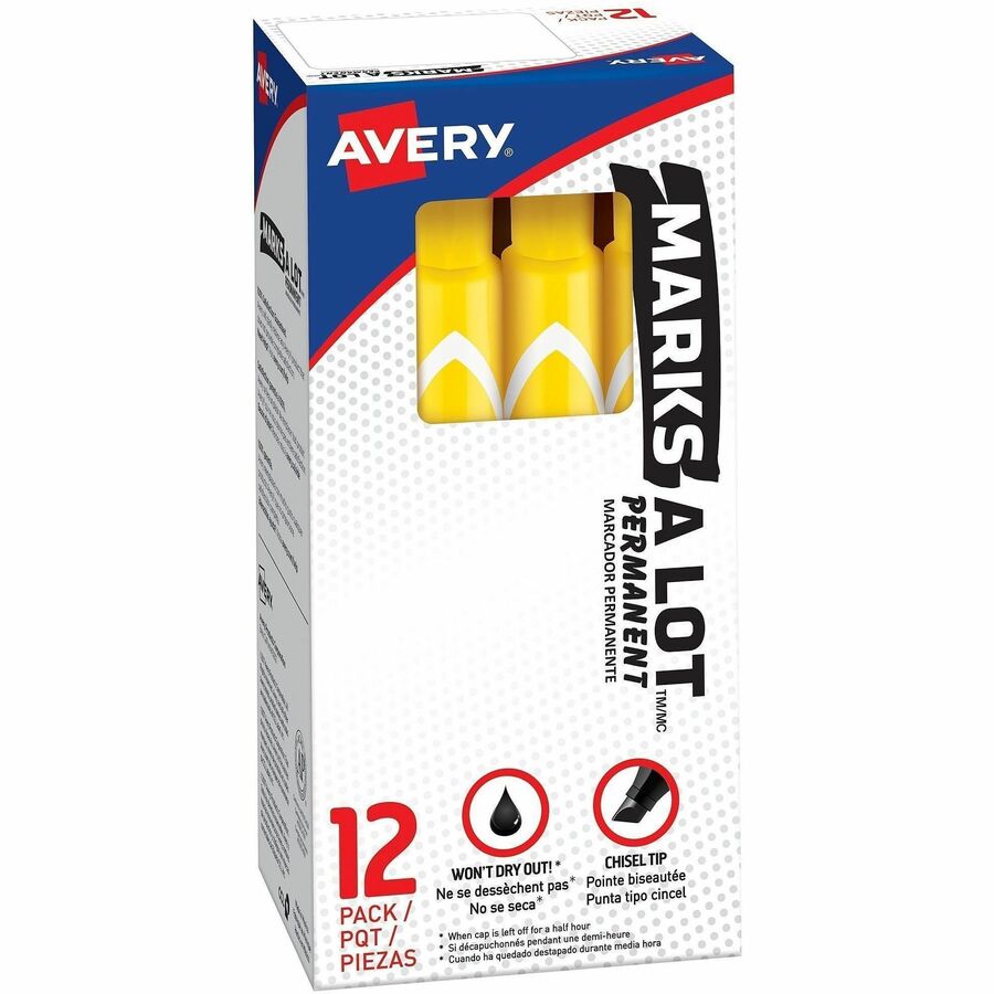 Avery®, Marks A Lot Large Desk-Style Permanent Markers - Yellow Ink - Plastic Barrel - 12 / Dozen