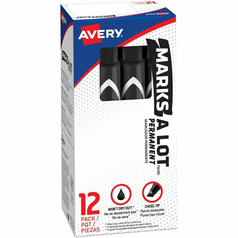 Avery®, Marks A Lot Marks A Lot Permanent Markers, Large Desk-Style, 12 Black (08888) - Black Ink - Black Barrel - Metal, Classroom, Plastic, Warehouse, Office - 12 / Dozen